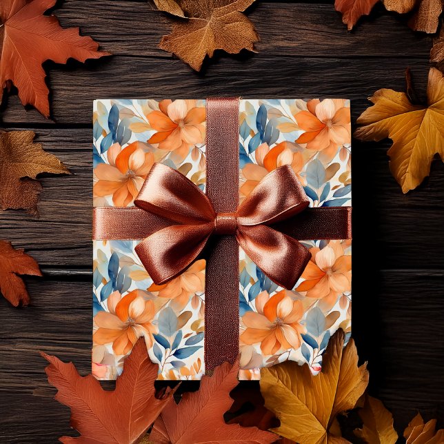 Boho Fall Floral Blooms Terracotta Apricot Blau Geschenkpapier (Boho Fall | Autumn Floral Blooms Terracotta Apricot Blue Wrapping Paper)