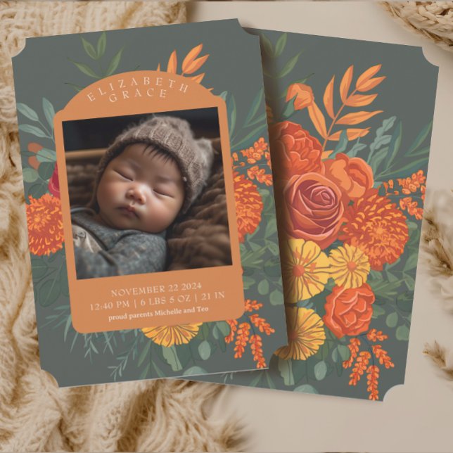 Boho Fall Floral Border Baby Birth Ankündigung (Von Creator hochgeladen)
