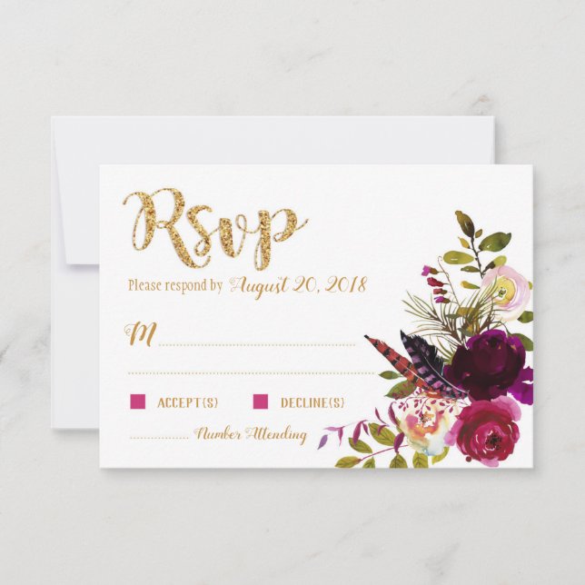 Boho Fall Floral Bouquet Gold RSVP Karte (Vorderseite)