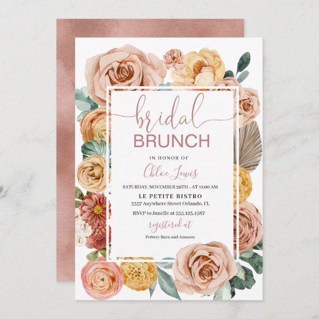 Boho Fall Floral Bridal Brunch Einladung (Vorne/Hinten)