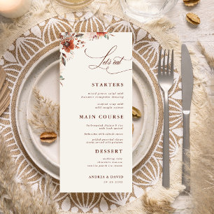 Boho Fall Floral Brown Lasst uns Elfenbeinhochzeit Menükarte