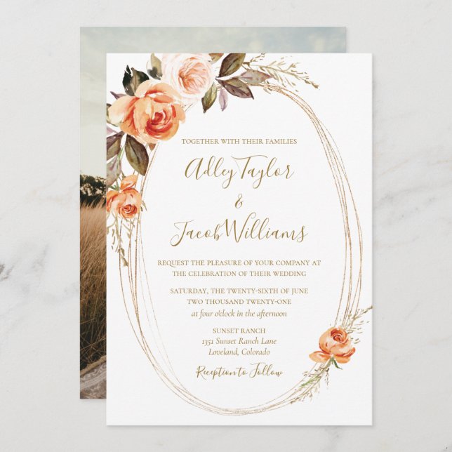 Boho Fall Floral Burnt Orange Foto Wedding Einladung (Vorne/Hinten)