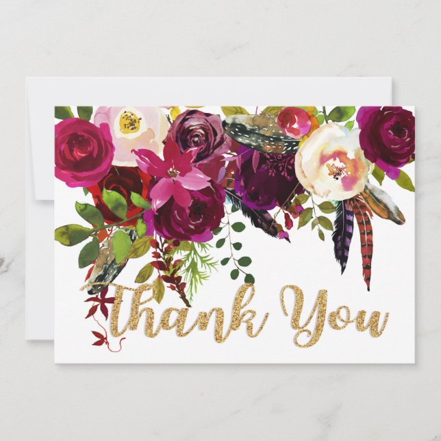 Boho Fall Floral Gold Moderne Vielen Dank Dankeskarte (Vorderseite)