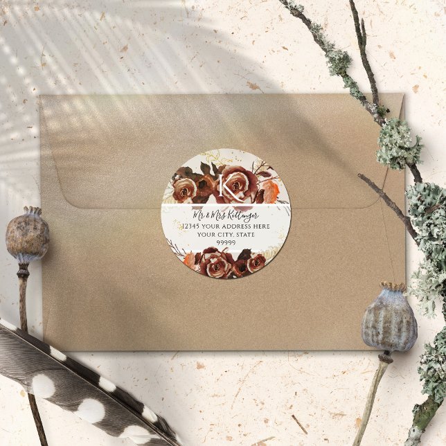 BOHO Fall Floral Herbst Blätter Monogramm-Adresse Runder Aufkleber (Von Creator hochgeladen)