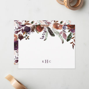 Boho Fall Floral Mit Monogramm Stationierungskarte Mitteilungskarte