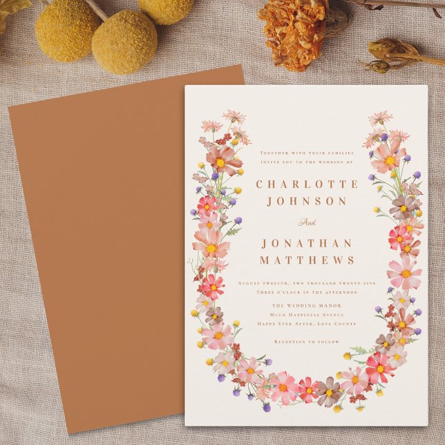 Boho Fall Floral Wedding Einladung (Boho fall wildflower floral wreath terracotta and beige wedding invitation Watercolor autumn flowers)