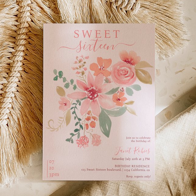Boho Fall florale Aquarellfarben Chic Sweet 16 Einladung (Von Creator hochgeladen)