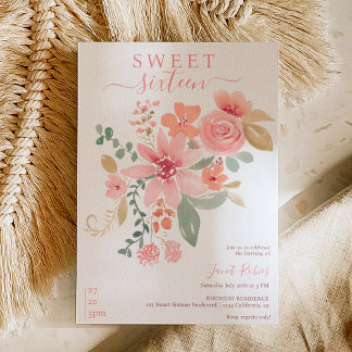 Boho Fall florale Aquarellfarben Chic Sweet 16 Einladung