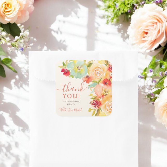 Boho Fall florale Aquarellfarben Dank Brautparty Quadratischer Aufkleber (Boho Fall floral watercolor bridal shower thanks Square Sticker)
