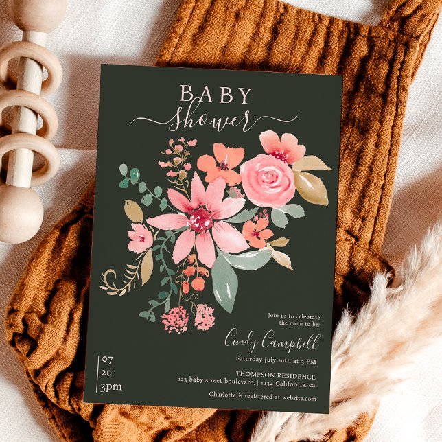 Boho Fall florale Wasserfarben Babydusche Einladung (Boho fall floral watercolor baby shower invitation on dark green)