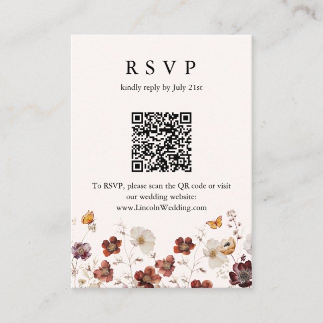 Boho Fall Florals Butterfly Wedding QR Code UAWG Begleitkarte (Vorderseite)