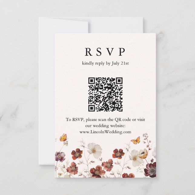 Boho Fall Florals Butterfly Wedding QR Code UAWG RSVP Karte (Vorderseite)