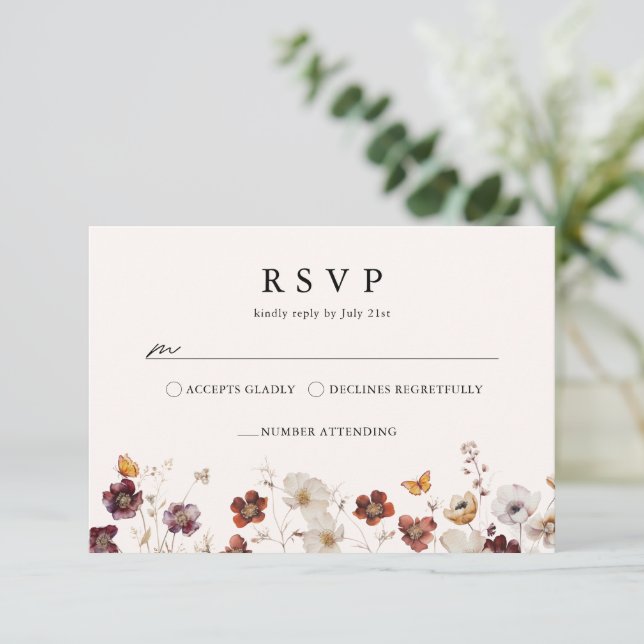 Boho Fall Florals Butterfly Wedding RSVP (Stehend Vorderseite)
