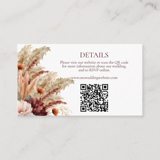 Boho Fall Florals Pampas Grass Wedding Details QR Begleitkarte (Vorderseite)