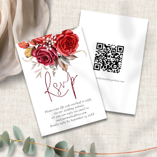 Boho Fall Florals QR Code Wedding RSVP Card Begleitkarte (Frotn and back view)