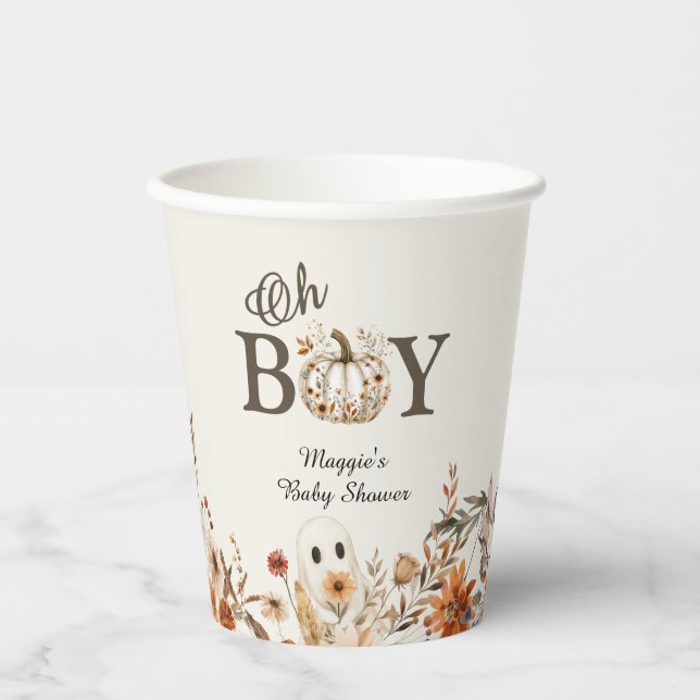 Boho Fall Ghost Floral Oh Boy Baby Shower  Pappbecher (Vorderseite)