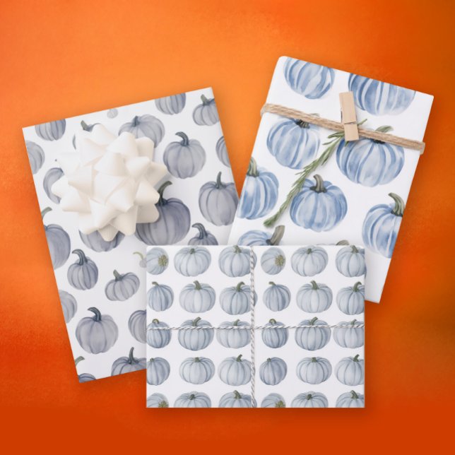 Boho Fall Gray Pastel Blue Pumpkin Watercolor Geschenkpapier Set (Von Creator hochgeladen)