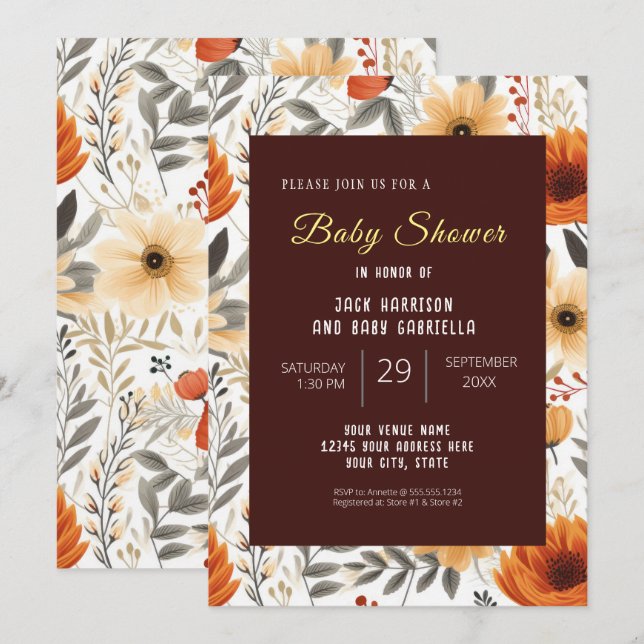 Boho Fall Herbst Blumenbraun Babydusche Einladung (Vorne/Hinten)