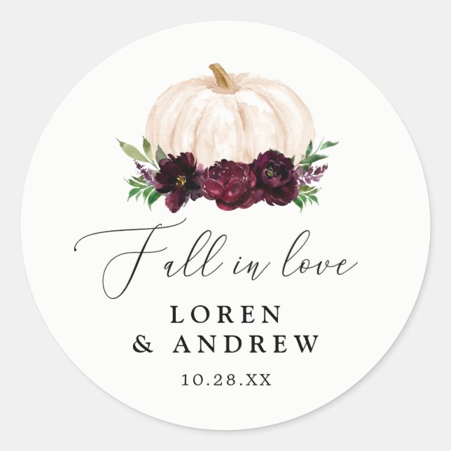 Boho Fall in Liebe Floral Pumpkin Hochzeit Runder Aufkleber (Vorderseite)
