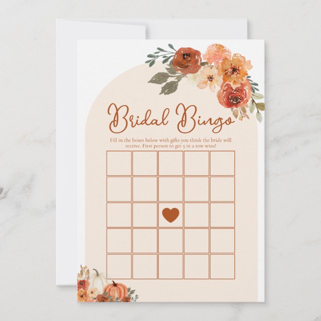 Boho Fall Pumpkin Bridal Bingo Brautparty Game Einladung (Vorderseite)