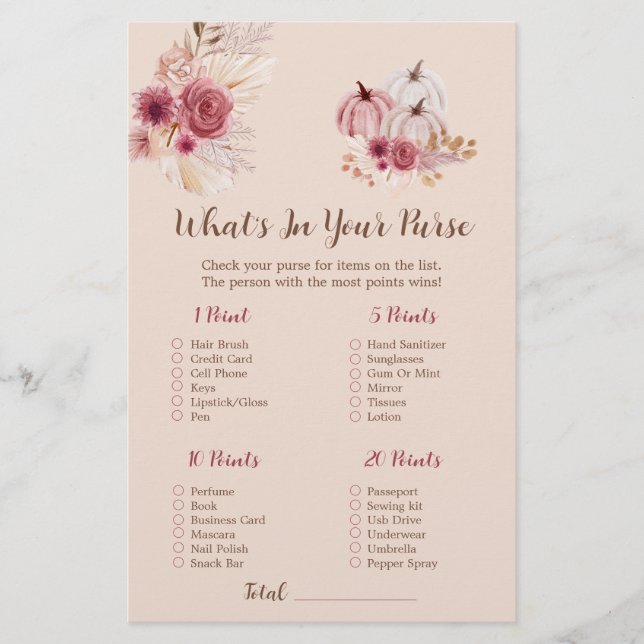 Boho Fall Pumpkin What's In Your Purse Bridal Game (Vorderseite)