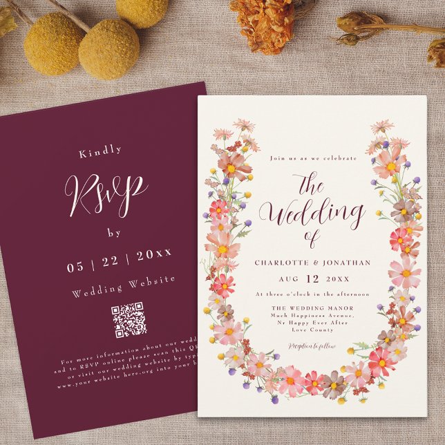Boho Fall Rustic Floral QR Code Hochzeit Einladung (Boho fall wildflower wedding qr code invitation burgundy and ivory cream Watercolor autumn florals)