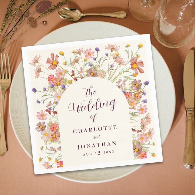 Boho Fall Rustikale Blumenhochzeit Serviette (Boho fall rustic wildflower floral arch ivory cream and burgundy script wedding custom paper napkins)