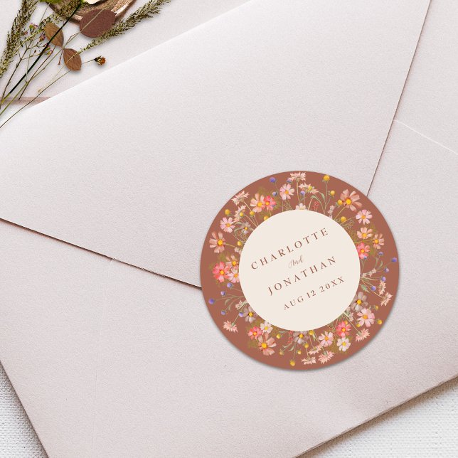 Boho Fall Rustikale Wildblume Blumenhochzeit Runder Aufkleber (Boho fall rustic wildflower floral burnt Orange terracotta beige custom wedding stickers)