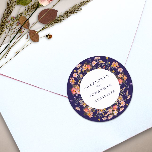 Boho Fall Rustikale Wildblume Blumenhochzeit Runder Aufkleber (Boho fall wildflower floral navy blue terracotta burnt orange wedding personalized sticker)