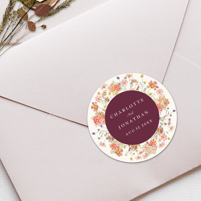 Boho Fall Rustikale Wildblume Blumenhochzeit Runder Aufkleber (Boho rustic wildflower floral fall wedding custom sticker burgundy burnt orange terracotta )