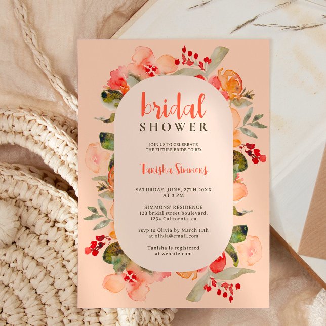 Boho Fall terracotta Blumenschrift Brautparty Einladung (Boho fall terracotta floral script bridal shower invitation on pastel pink)