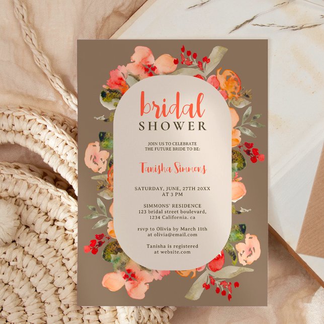 Boho Fall terracotta Blumenschrift Brautparty Einladung (Boho fall terracotta floral script bridal shower invitation on brown khaki)
