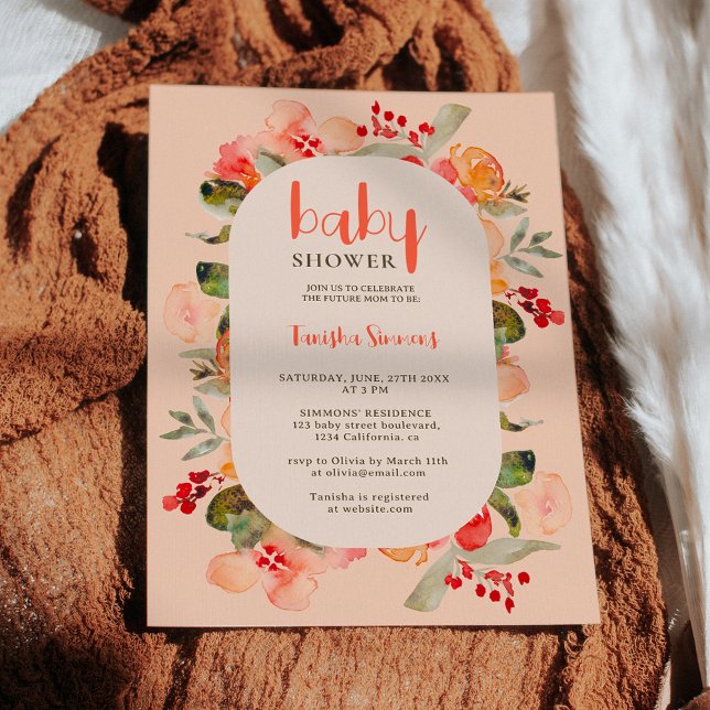 Boho Fall terracotta florale Skriptgeburtszene Bab Einladung (Boho fall terracotta floral script baby shower invitation on light pink)