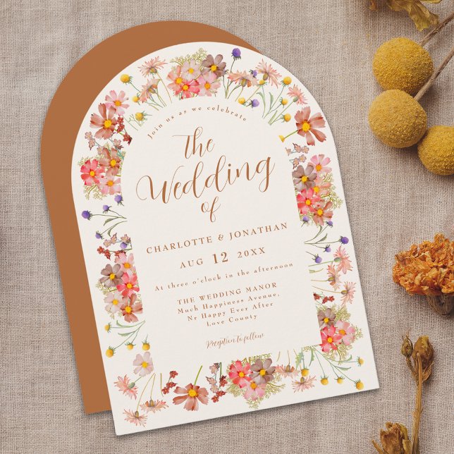 Boho Fall Wildblume Arch Burnt Orange Wedding Einladung (Boho fall Wildflower arch burnt orange Wedding invitation watercolor rustic dried flowers)