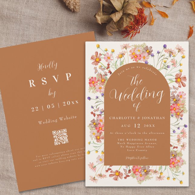 Boho Fall Wildblume Arch Burnt Orange Wedding Einladung (Boho fall Wildflower arch burnt orange terracotta Wedding invitation autumnal dried flowers)