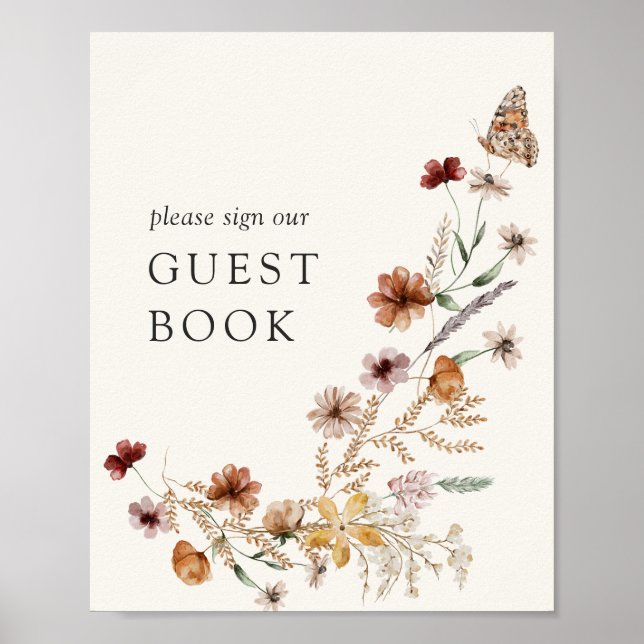 Boho Fall Wildblume Babydusche Gästebuchsignatur Poster (Vorne)