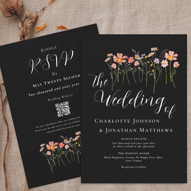 Boho Fall Wildblume Black and White QR Code Einladung (Boho fall Wildflower meadow black & white Wedding qr code invitation watercolor florals elegant)
