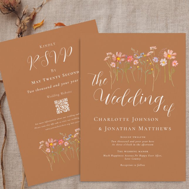 Boho Fall Wildblume Brown Orange QR Code Hochzeit Einladung (Boho fall Wildflower floral caramel brown sugar beige terracotta Wedding qr code invitation )