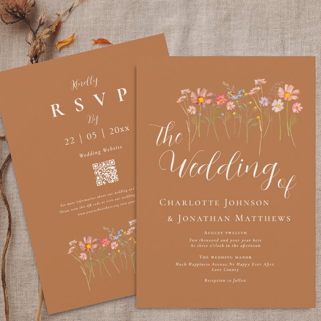 Boho Fall Wildblume Brown Sugar Beige QR-Code Einladung (Boho fall rustic wildflower meadow brown sugar terracotta rust wedding qr code wedding invitation)