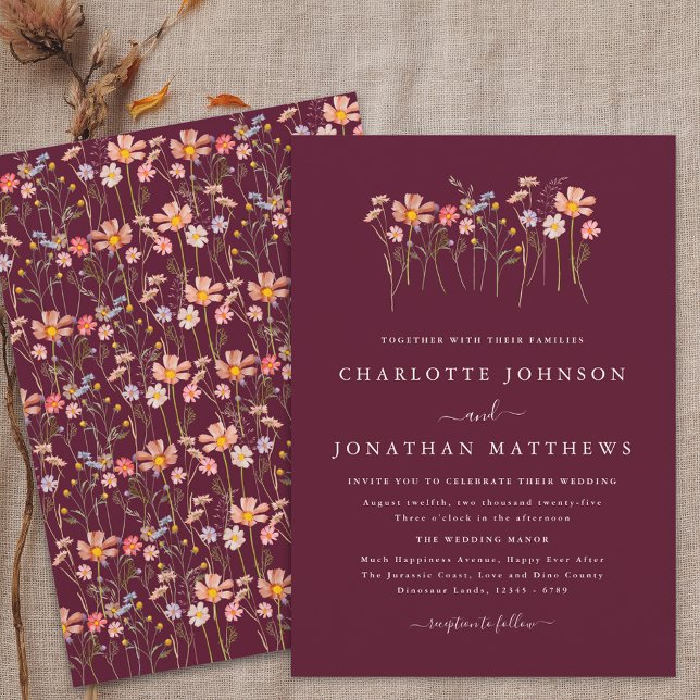 Boho Fall Wildblume Burgund & Terracotta Wedding Einladung (Boho fall wildflower burgundy terracotta wedding invitation watercolor floral modern elegant script )