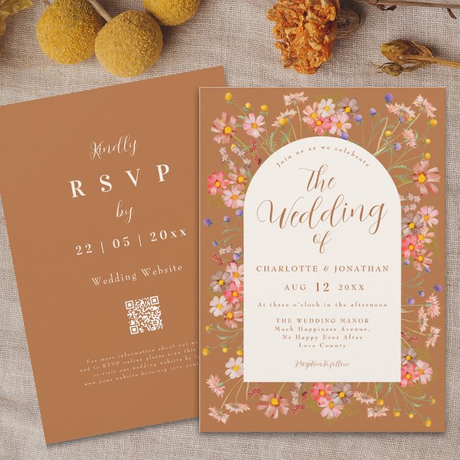 Boho Fall Wildblume Burnt Orange Wedding Einladung (Boho fall Wildflower arch burnt orange terracotta Wedding invitation elegant floral watercolor )
