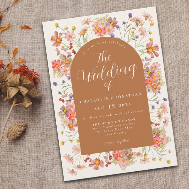 Boho Fall Wildblume Burnt Orange Wedding Einladung (Boho fall Wildflower arch burnt orange Wedding invitation  elegant dried floral watercolor )