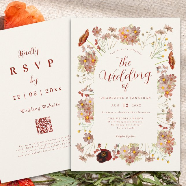Boho Fall Wildblume Burnt Orange Wedding Einladung (Boho wildflower elegant fall wedding qr code invitation in earthy tones)