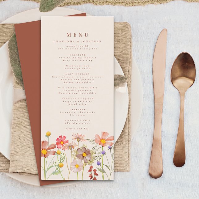 Boho Fall Wildblume Floral Beige Hochzeit Menükarte (Boho fall wildflower floral beige and burnt orange wedding menu card Watercolor autumn flowers )
