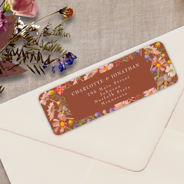 Boho Fall Wildblume Floral Burnt Orange Wedding (Boho wildflower rustic fall floral burnt Orange terracotta beige wedding return address label )
