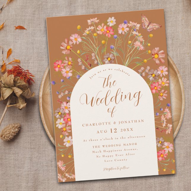 Boho Fall Wildblume Floral Butterfly Hochzeit Einladung (Boho fall wildflower butterfly terracotta floral arch wedding invitation watercolor burnt orange )