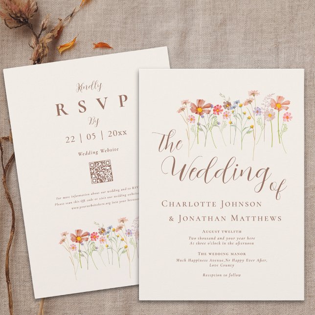 Boho Fall Wildblume Floral QR Code Einladung (Boho fall wildflower floral wedding qr code invitation Watercolor garden meadow flowers elegant )