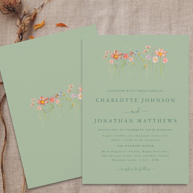 Boho Fall Wildblume Floral Sage Green Wedding Einladung (Boho fall Wildflower sage green floral Wedding invitation Watercolor flowers stylish modern)