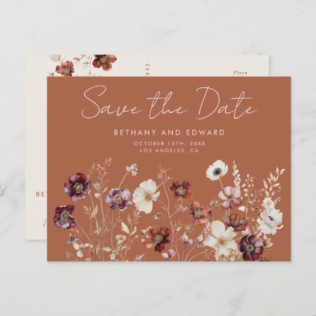 Boho Fall Wildblume Hochzeit speichern das Datum Postkarte (Vorne/Hinten)