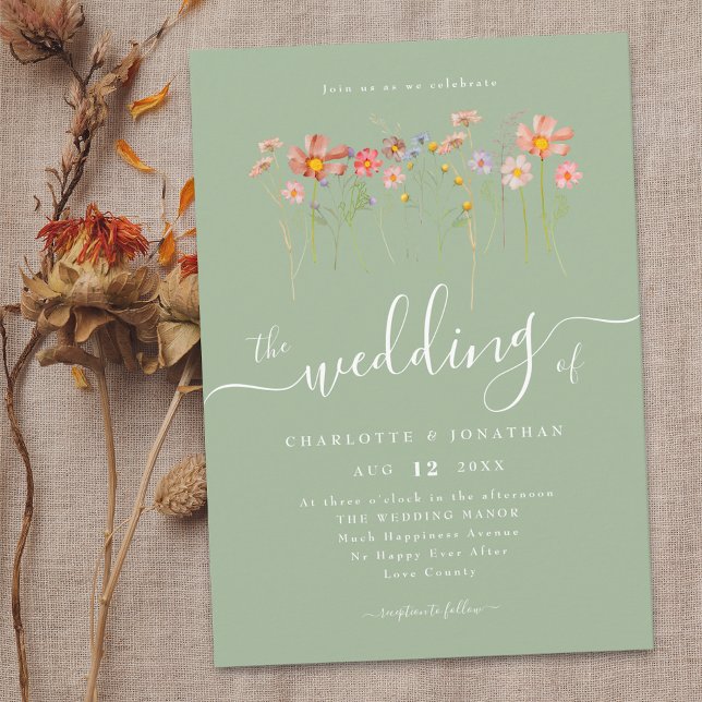 Boho Fall Wildblume Sage Green Einladung (Boho fall Wildflower rustic floral sage green Wedding invitation Watercolor whimsical garden flowers)